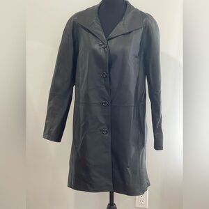 East 5th L Women's Black‎ Leather Button Down Coat w Pockets 596